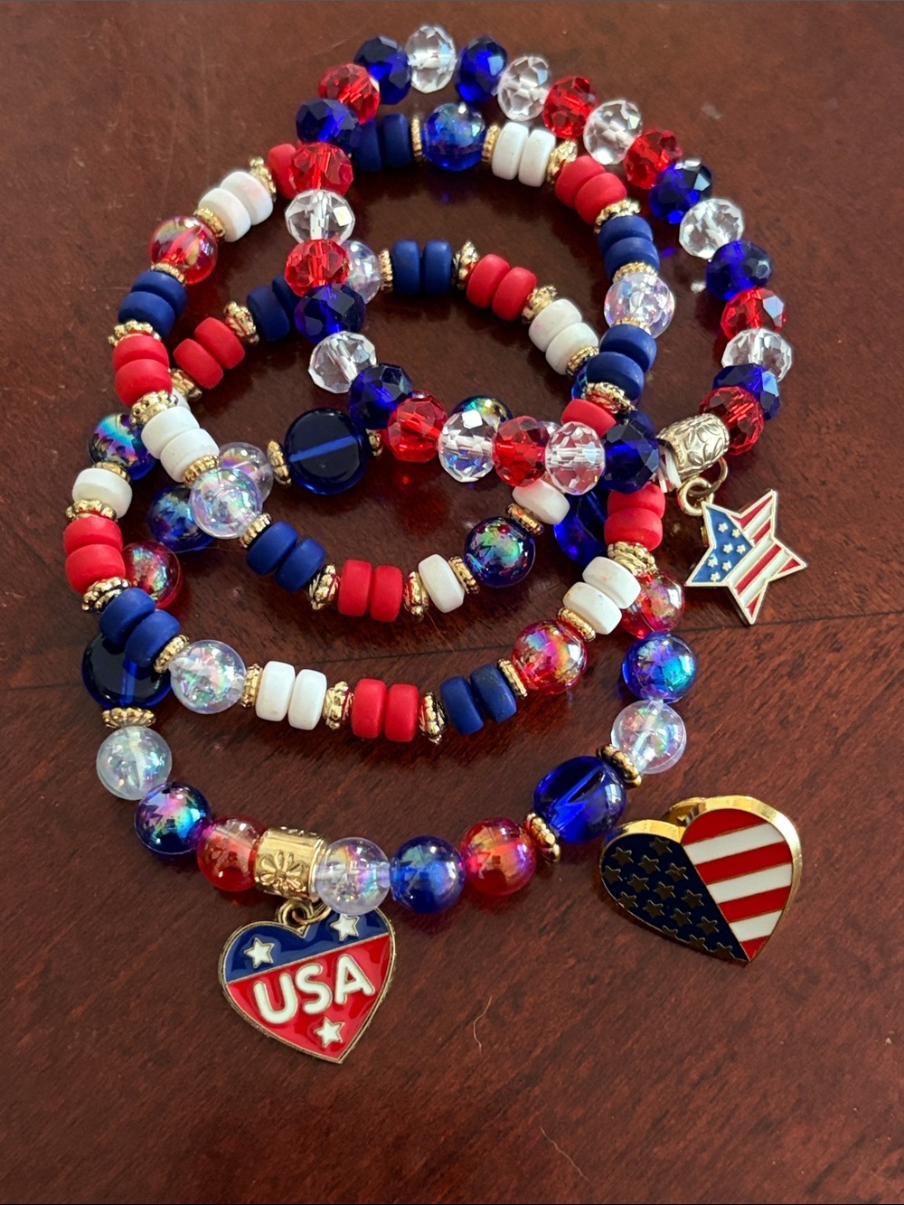 Patriotic Red, White & Blue Beaded Charm Bracelet and Pin Set